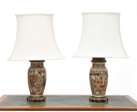 A pair of Japanese Satsuma vase table lamps, with gilt bronze mounts and silk shades, lamps 49cm high (2)