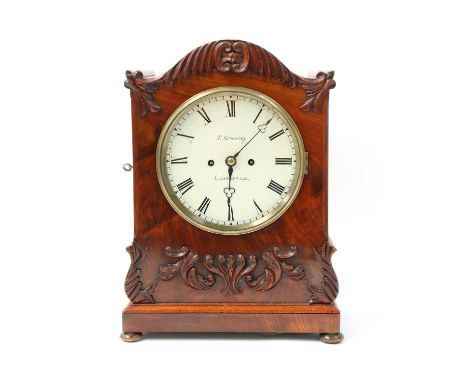 A William IV mahogany mantel clock, the circular enamel dial inscribed 'T. Greening, Clerkenwell', the twin fusee movement wi