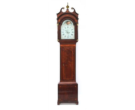 A strung mahogany eight day longcase clock, by Jno. Clarke, Bristol, the painted arched dial with a moonphase over a painted 