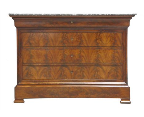 A Louis Philippe mahogany commode, the later marble top over four long drawers and bracket feet, 130cm wide 61cm deep 95.5cm 