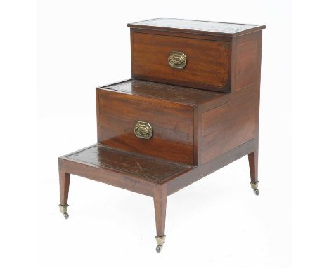 A George III strung mahogany three-tier step commode, converted, now with leather insets, 52cm wide 69cm deep 73cm high