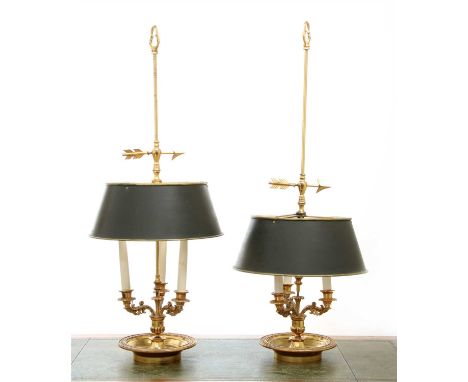 A pair of brass three-light table lamps, 20th century, with coloured metal shades, 96cm high (2)