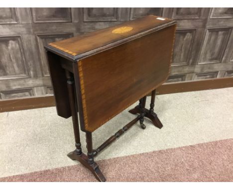 EDWARDIAN MAHOGANY SHERATON REVIVAL SUTHERLAND TEA TABLE, with central inlaid oval patera, the twin pillar end supports joine