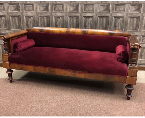 VICTORIAN MAHOGANY THREE SEAT SOFA, of Beidermeir design, the arched arm rests supported by outset turned tapering pillars, w