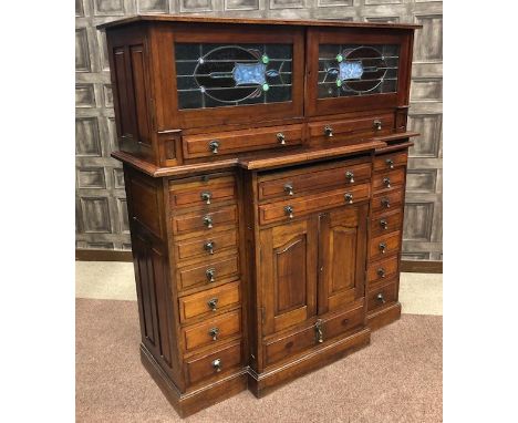 INTERESTING SCOTTISH ART &amp; CRAFTS STYLE COLLECTORS CABINET, the upper section with two leaded glass doors enclosing an op