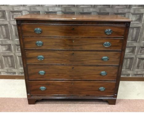 POST REGENCY MAHOGANY OBLONG SECRETAIRE CHEST, the secretaire drawer opening to reveal a fitted interior, with three long gra