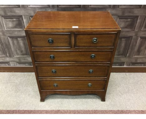 NEAT MAHOGANY OBLONG CHEST OF GEORGE III DESIGN, the crossbanded and boxwood outlined top with two short and three long drawe