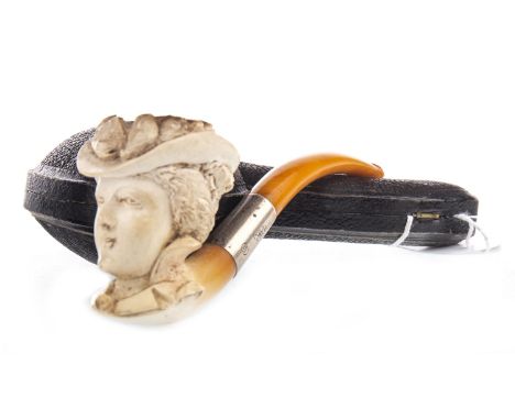 CARVED MEERSCHAUM SILVER MOUNTED PIPE, carved to depict a female bust, with central mount marked 'Sterling Silver' and initia
