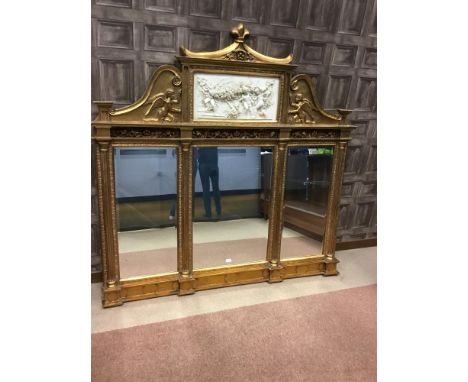 MODERN GILTWOOD CONSOLE TABLE WITH LARGE MIRROR, of 18th Century design, the table with black marble top, on turned fluted ta