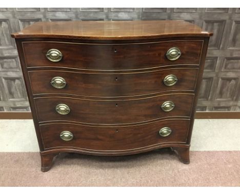REGENCY MAHOGANY SERPENTINE COMMODE CHEST, with four long graduated cockbeaded drawers, on splayed bracket feet, the whole ou