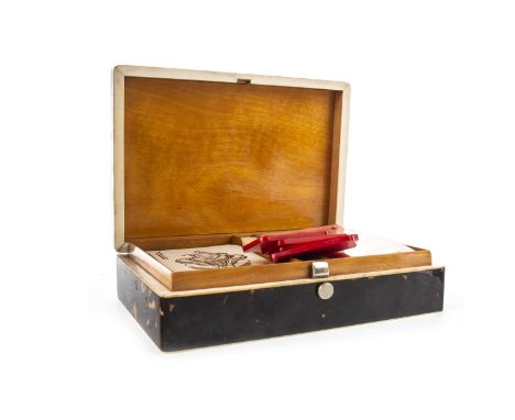 TORTOISESHELL AND IVORY CARD BOX, containing playing cards, white and stained red ivory games pieces and The Pocket Guide to 