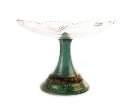 ART NOUVEAU CIRCULAR COMPORT, the glass bowl with cut and threaded border, raised on a patinated spreading circular foot, 19c