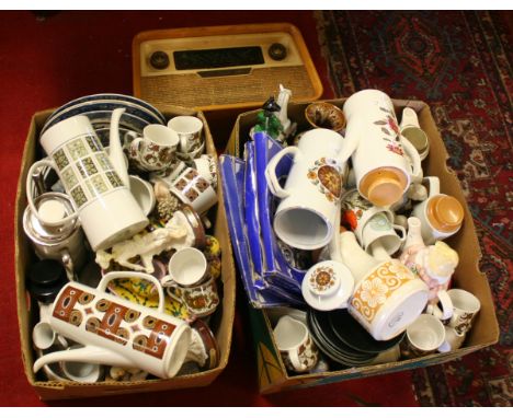 Two boxes of miscellaneous ceramics to include J G Meakin coffee sets, figurines, ornaments, Masons cabinet plates and an old