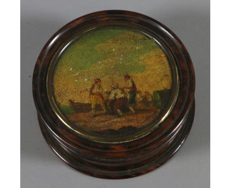 A burr wood circular lidded snuff box with handpainted sailing scene.