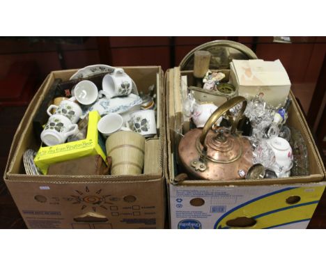 Two boxes of mixed china, glass and metalware to include a copper kettle and a cased camera along with teawares and tureens, 