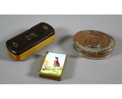 A Georgian oval silver plated snuff box set with George III coin along with enamelled brass vesta set with courting couple an