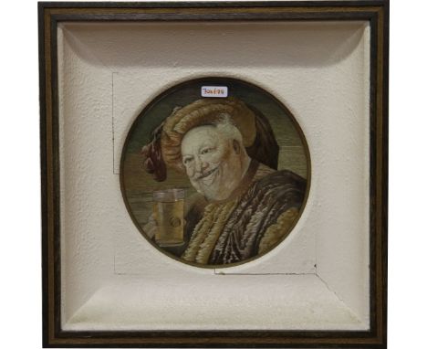 A C19th oak framed silkwork portrait of a gentleman drinking beer.