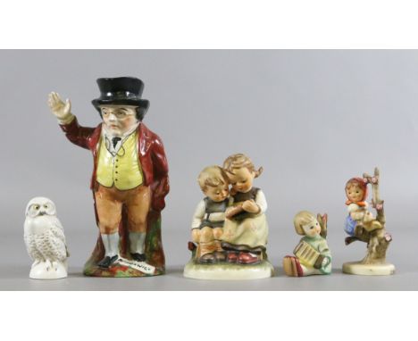 A 19th century Staffordshire character jug 'Mr Pickwick', three Hummel figures and a Goebel owl.