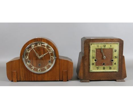 A walnut cased Westminster mantel clock along with an oak cased Westminster mantel clock.