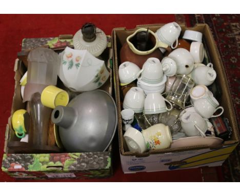 Two boxes of mixed china and glass to include lamps and shades along with a Royal Doulton part tea service, etc.