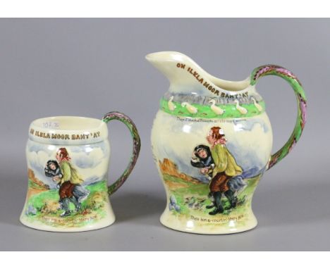 A Crown Devon Fieldings musical jug along with similar tankard both moulded decoration and playing 'on ilkla moor baht' at th