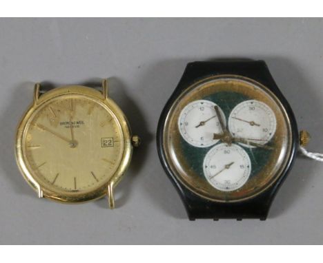 A gentleman's Swatch chronograph watch head with three subsidiary dials along with a gentleman's Raymond Weil watch head.
