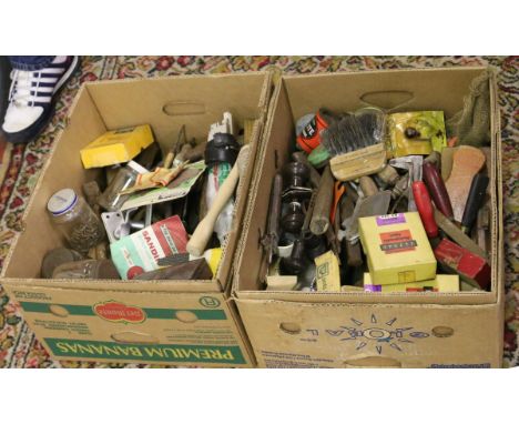 Two boxes of assorted old tools to include woodworking, tradesmans, etc.
