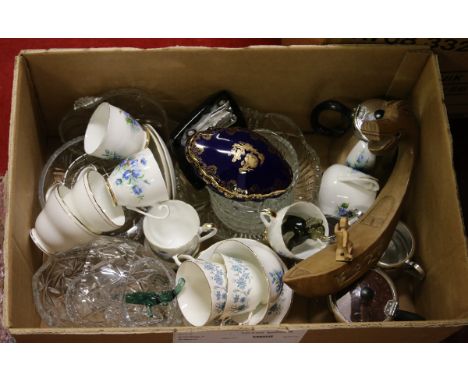 A box of miscellaneous ceramics, glass and metalwares to include Royal Grafton tea service decorated with flowers, cut glass 