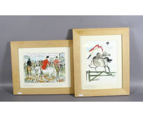 Mark Huskinson pair of light oak framed novelty hunting caricatures, signed in pencil and one titled 'We Draw Blairs Women Fi