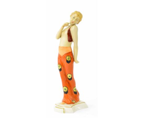 Art Deco Royal Dux Czechoslovakian porcelain figure, modelled as a lady in a coy stance, 7" high