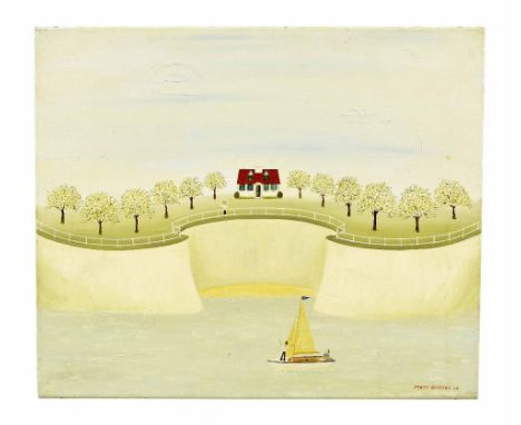 Mark Baring (20th/21st century) - Figures in a Boat with another Figure waving from a cottage on the headland, signed and dat