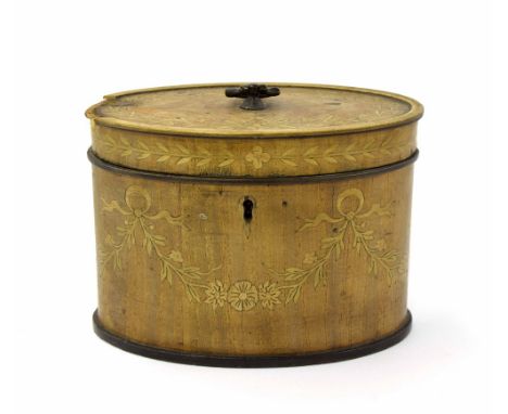 Early 19th century oval mahogany inlaid tea caddy with foliate garland decoration, 4" high, 5.75" wide (at fault) 