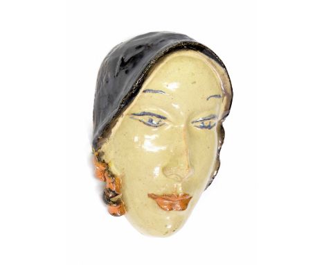 Art Deco terracotta wall mask in the style of Vally Wieselthier, modelled as a lady wearing a dark hood, 7" high