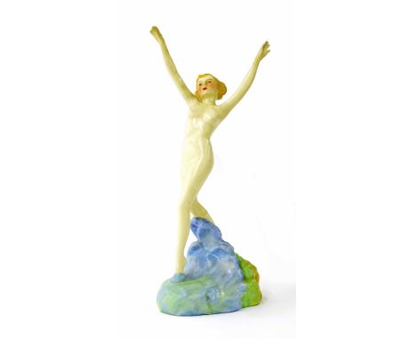 Rare Crown Devon Art Deco porcelain figure 'Sea Nymph' by Kathleen Parsons, modelled on an oceanic base, 11.5" high