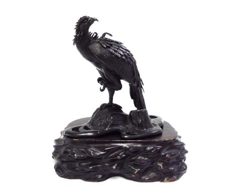 Japanese bronze censer modelled as a bird, modelled standing on a naturalistic base upon a later hardwood stand, 10.5" high i