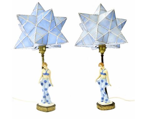 Pair of Art Deco Royal Dux porcelain figural lamps by Elly Strobach, raised triangular marks, later blue facet shades, 18" hi