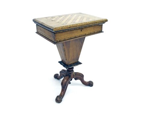 Victorian walnut inlaid foldover games/work table, the faded top inlaid with a chequer board, enclosing a baize lined and lea