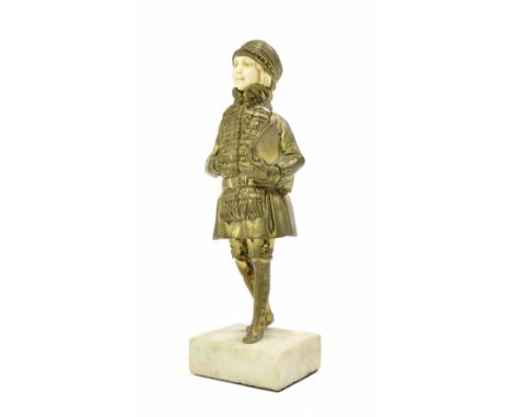 Demetre Chiparus (1886-1947) - 'The School Girl', gilded bronze and ivory figure modelled wearing a hat and winter clothing w