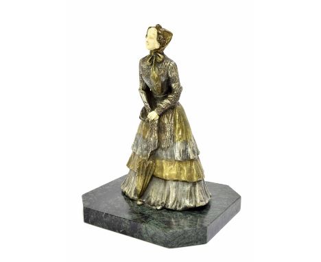 Renee-Paul Marquet (1875-1939) - 'Parasol', gilt and silvered bronze and ivory figure of a lady standing holding a parasol, s