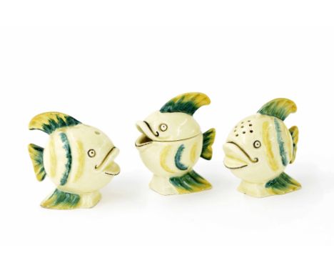 Clarice Cliff Wilkinson novelty fish three piece cruet set, comprising salt and pepper shakers and mustard pot, 2.5" high (3)