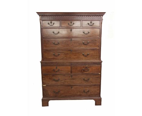 George III mahogany chest on chest, the blind fret cornice over three short drawers and three graduated long drawers flanked 
