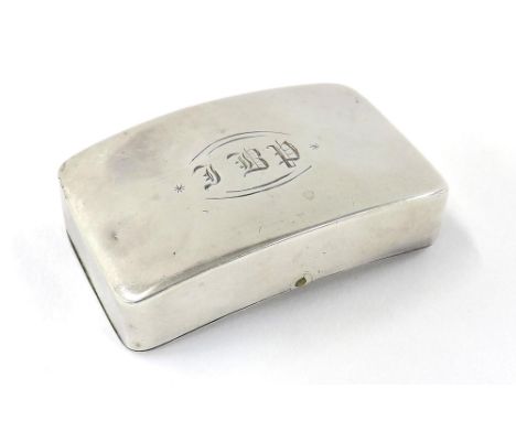 George III silver curved rectangular double snuff box, with hinged covers enclosing a gilded interior, engraved with initials