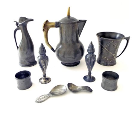 Kayserzinn Art Nouveau pewter duck jug, no. 4258, together with a pair of Kayserzinn pewter napkin rings, a Tudric spoon, a p