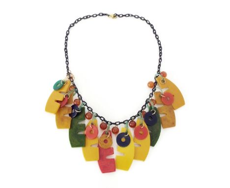 Art Deco Caitlin/Bakelite necklace, with red, orange and green shaped long beads