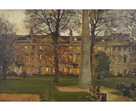 Peter Edward Mackenzie Brown N.E.A.C. (b.1967) - 'Queen Square, Bath', figures by a stone monument in Queen Square, in an ear