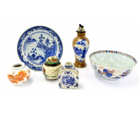 Chinese porcelain blue and white dish, 10" diameter, Chinese porcelain bowl, vase and cover, tea caddy, jar and cover and an 