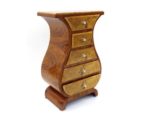 Replica walnut effect bombé six drawer chest in the Art Deco manner, 21.5" wide, 36" high, 14" deep