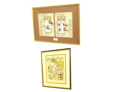 Persian School (19th century) - two mounted manuscripts with polo and hunting scenes, ink and gouache, each 8" x 6"; together