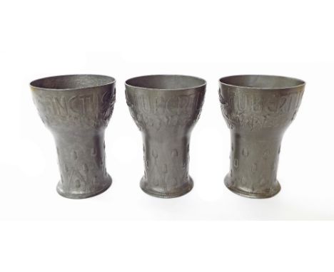 Orivit - set of three Art Nouveau pewter beakers, no. 2181, with embossed 'Hubertus' text and acorn decoration, 5.5" high app