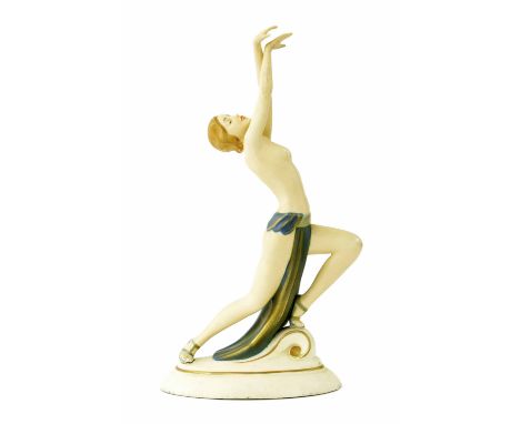 Elly Strobach for Royal Dux Art Deco porcelain figure, modelled as a semi-nude dancing lady, raised triangular and printed fa